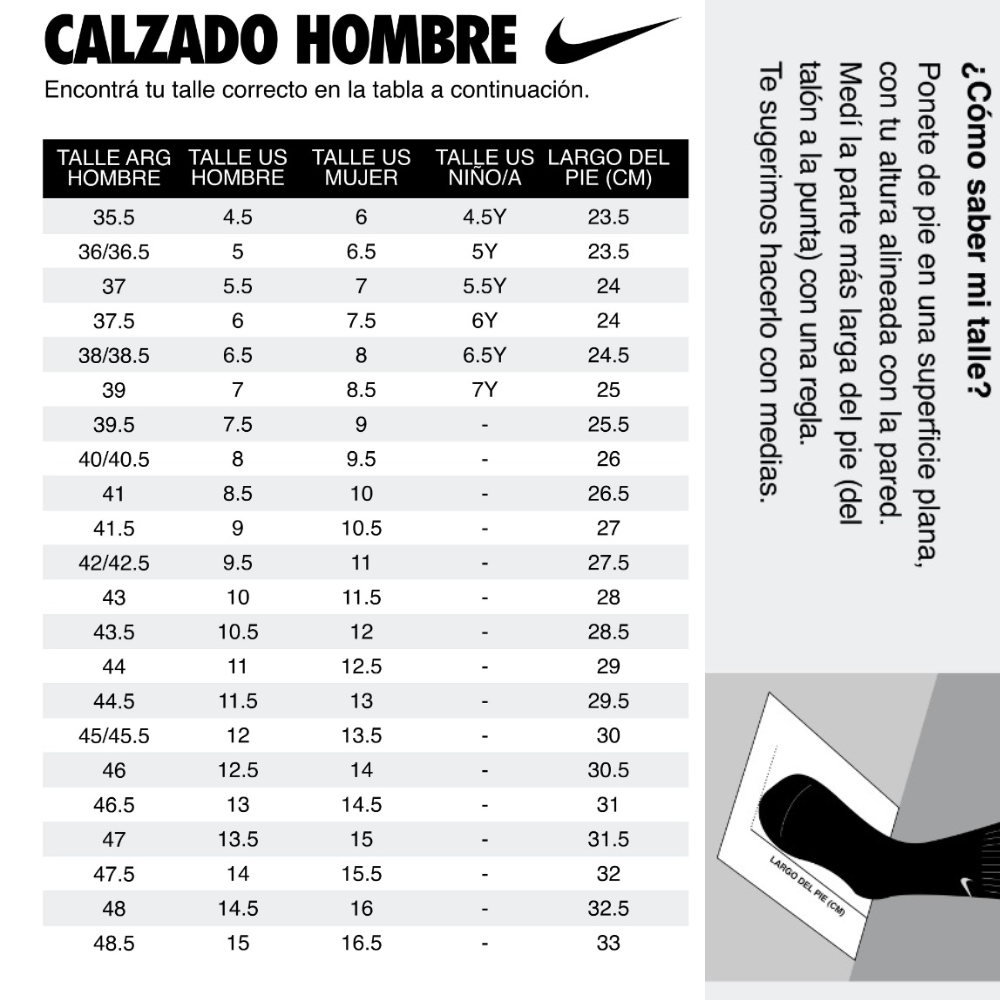 tabla talles nike